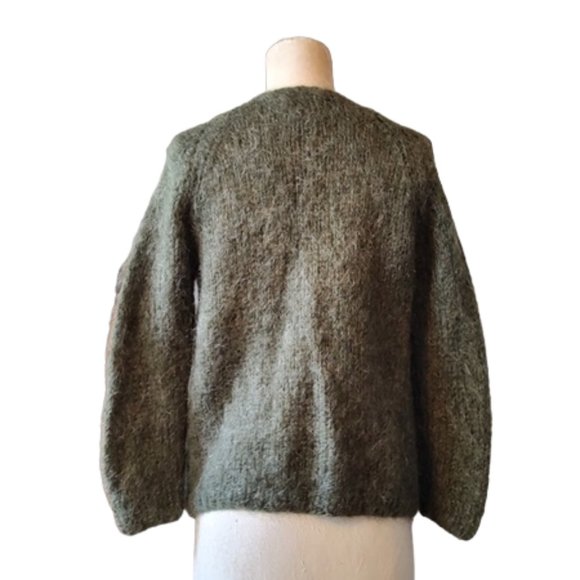 Olive Green 1960s Vintage Wool Mohair Hand Knit Cardigan Sweater Large Size - Picture 4 of 7